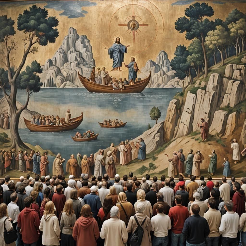 Tourists Admire Medieval Painting of Jesus