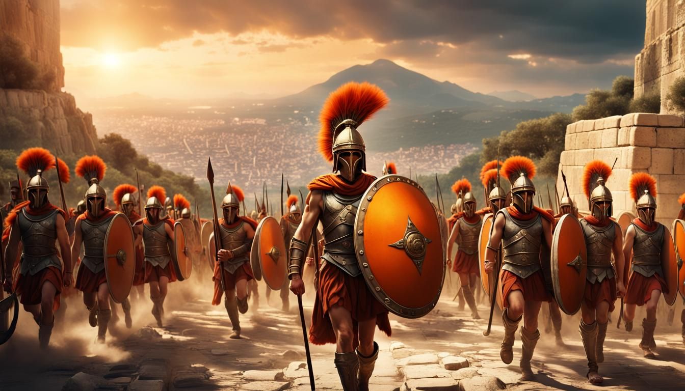 Hoplite Leading Troops to Ancient Greek City