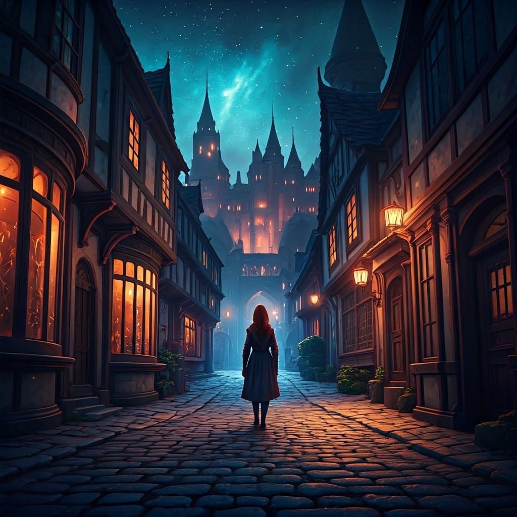 a mystical, star lit medieval village street with cobblestone paths, glowing lanterns, and enchanted storefronts. lonely...