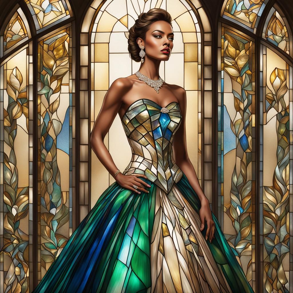 Supermodel in Stained Glass Gown, Ultra Photorealistic