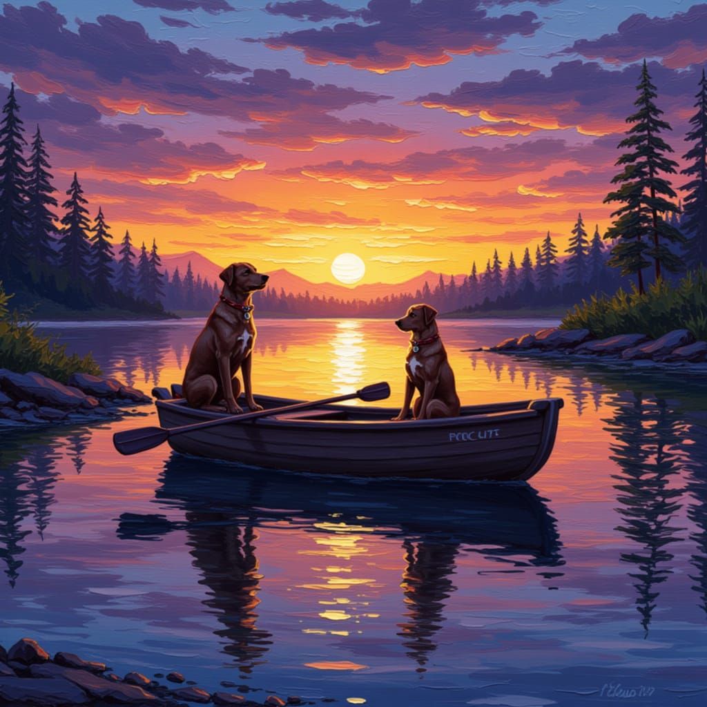 Dogs in Boat at Sunset: Digital Art Illustration