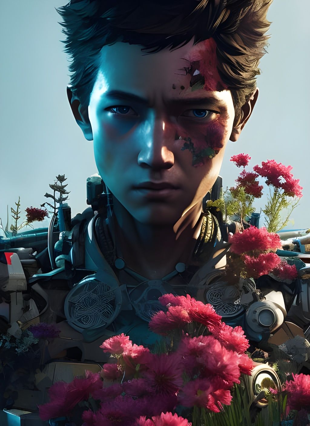 Boy and Broken Mecha in Floral Landscape