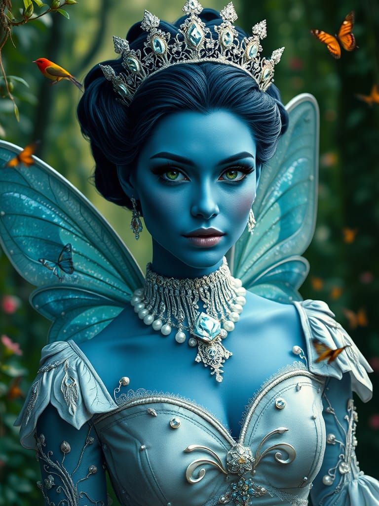 Queen Titania of Fairies in Victorian Dress with Blue Skin