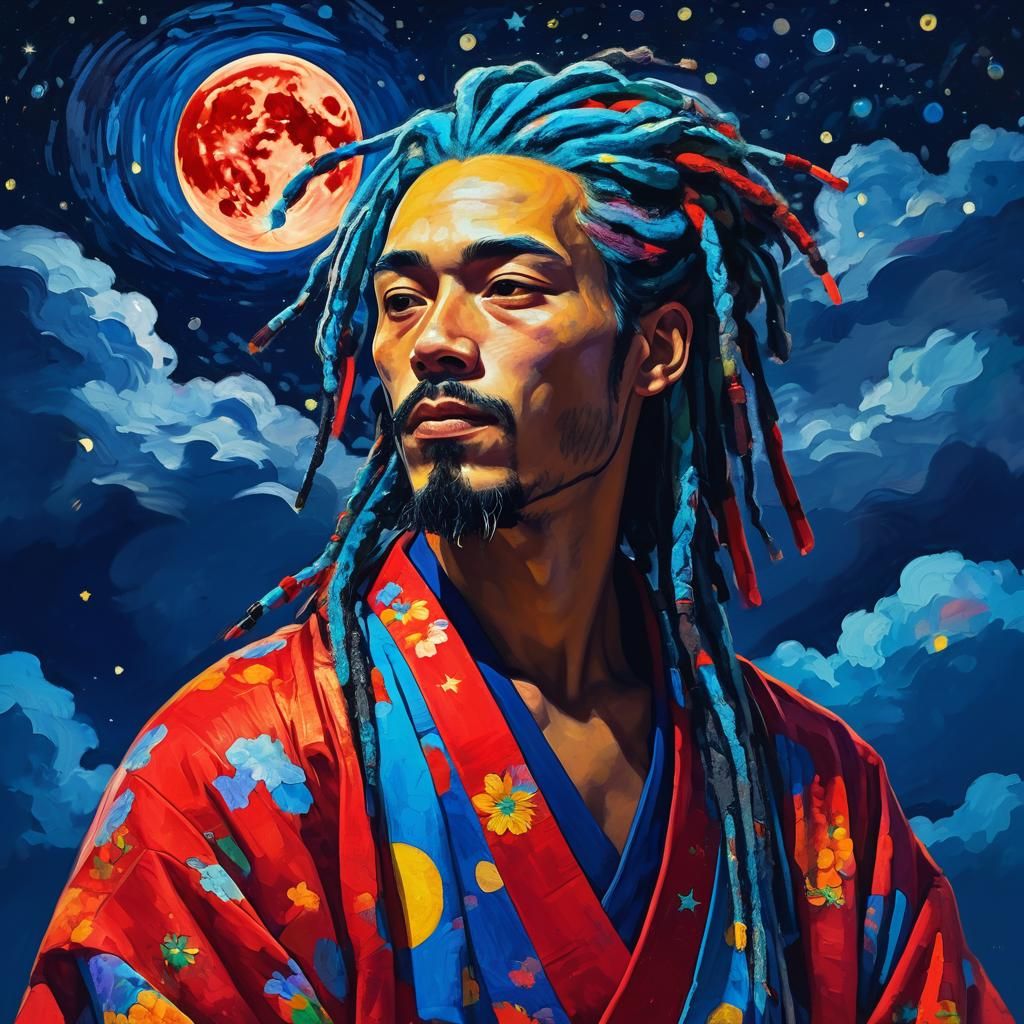 Surreal Prince in Vivid Fauvist Night Scene, Red Kimono and...