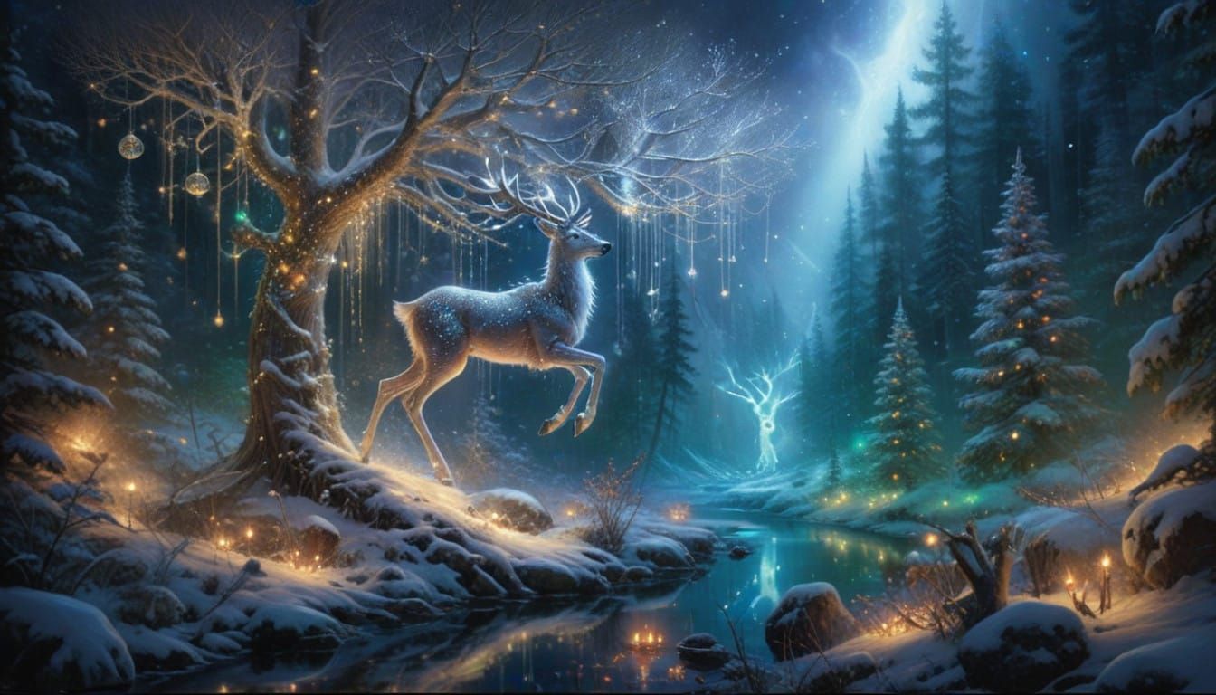 Whimsical Winter Creature in Snowy Forest with Twinkling Hol...
