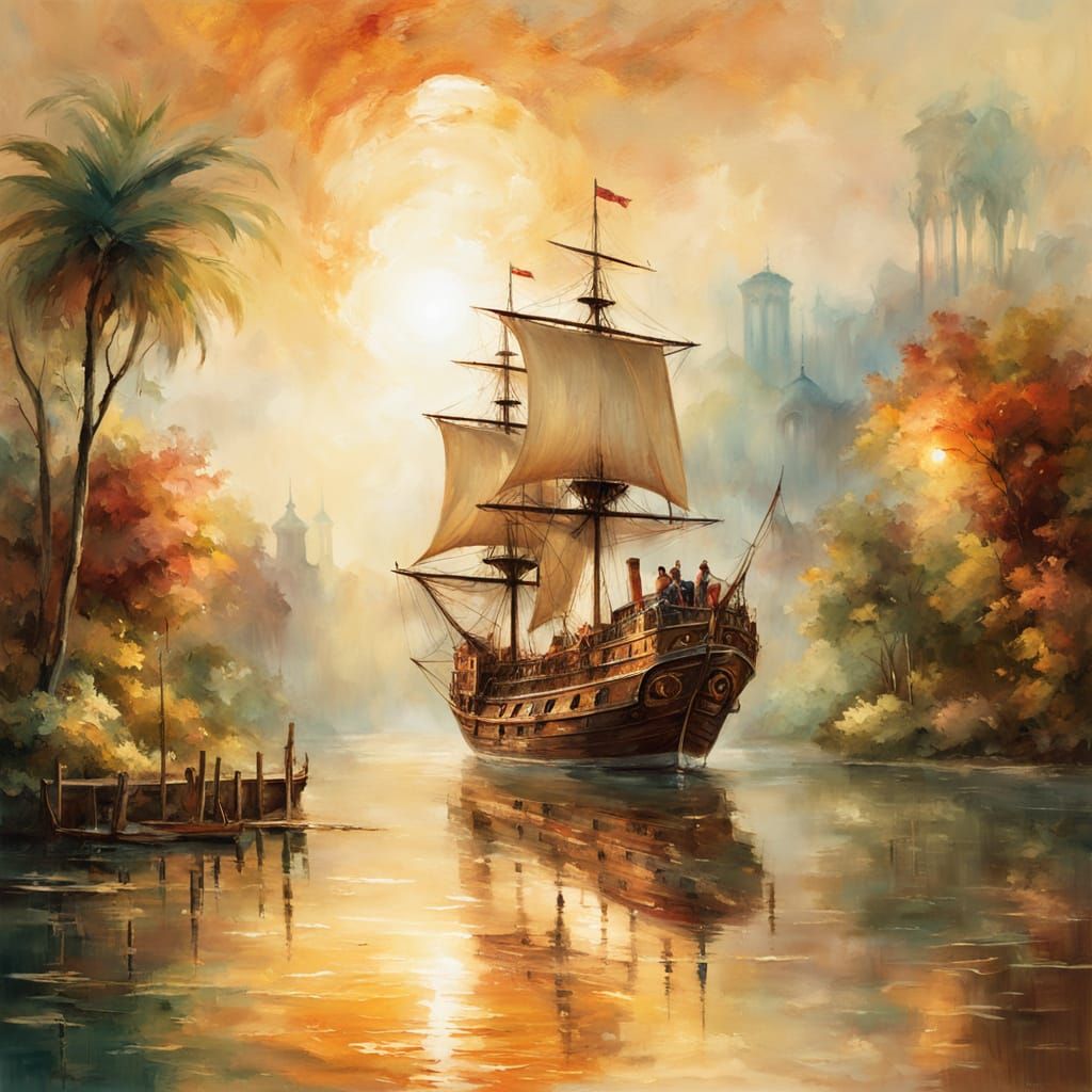 Ethereal Steampunk Galleon in Golden Hour Tropical Waters