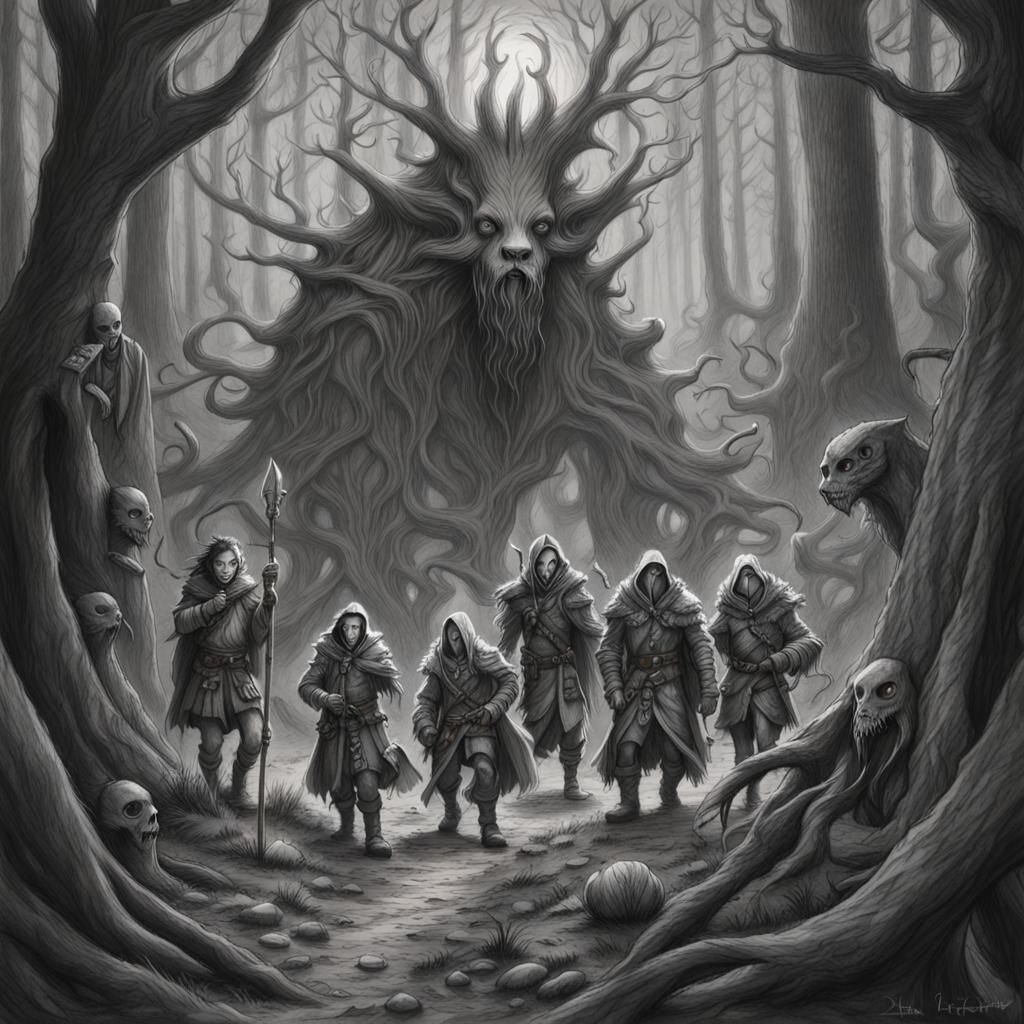D&D Party Navigates Spooky Forest in Charcoal Drawing