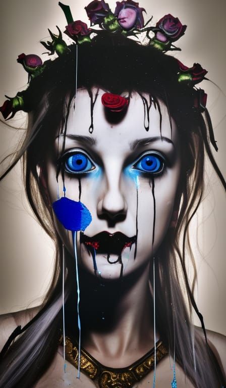 Damaged Saint Portrait with Butterflies in Pop Art Style