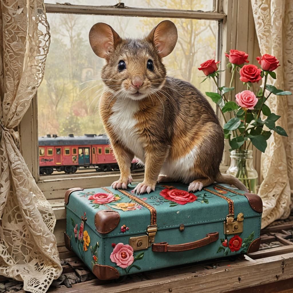 Mouse in Train Car: Whimsical Folk Art Collage