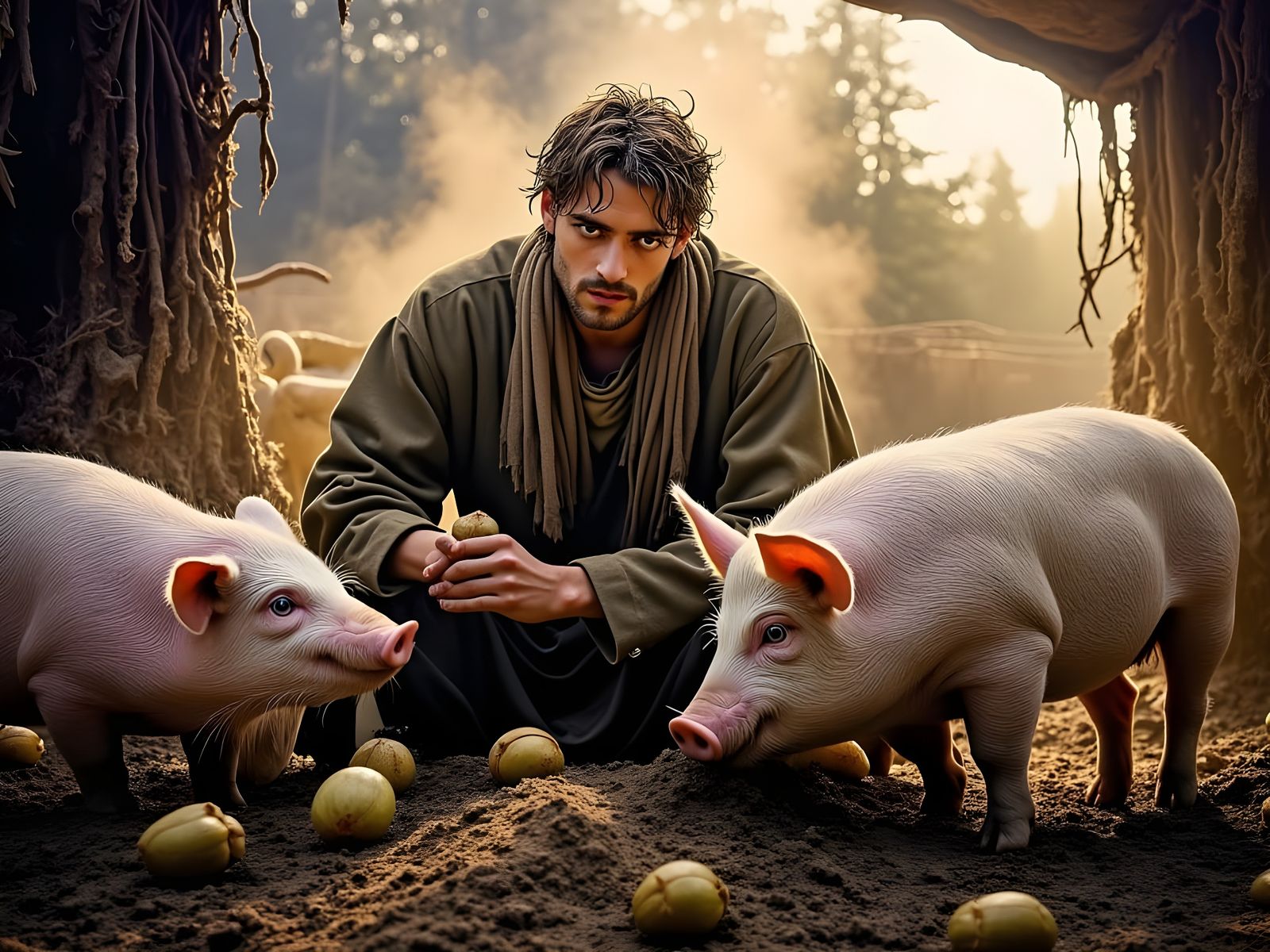 Prodigal Son Feeds Pigs in a Somber Landscape