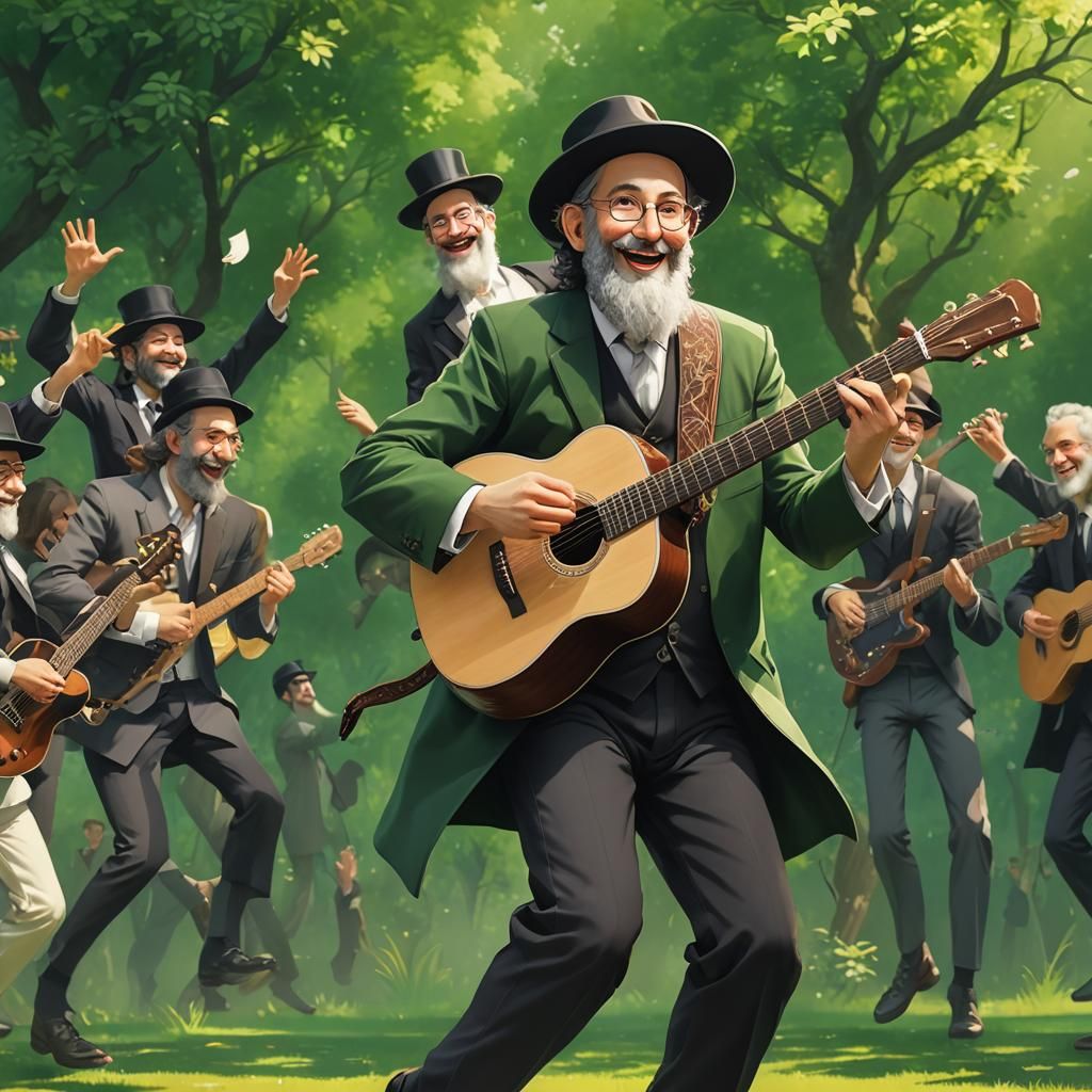 Happy Rabbi Dancing with Guitar in 3D Anime Art