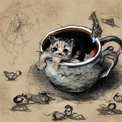 Horrific Kitten in Broken Teacup: Dark Horror