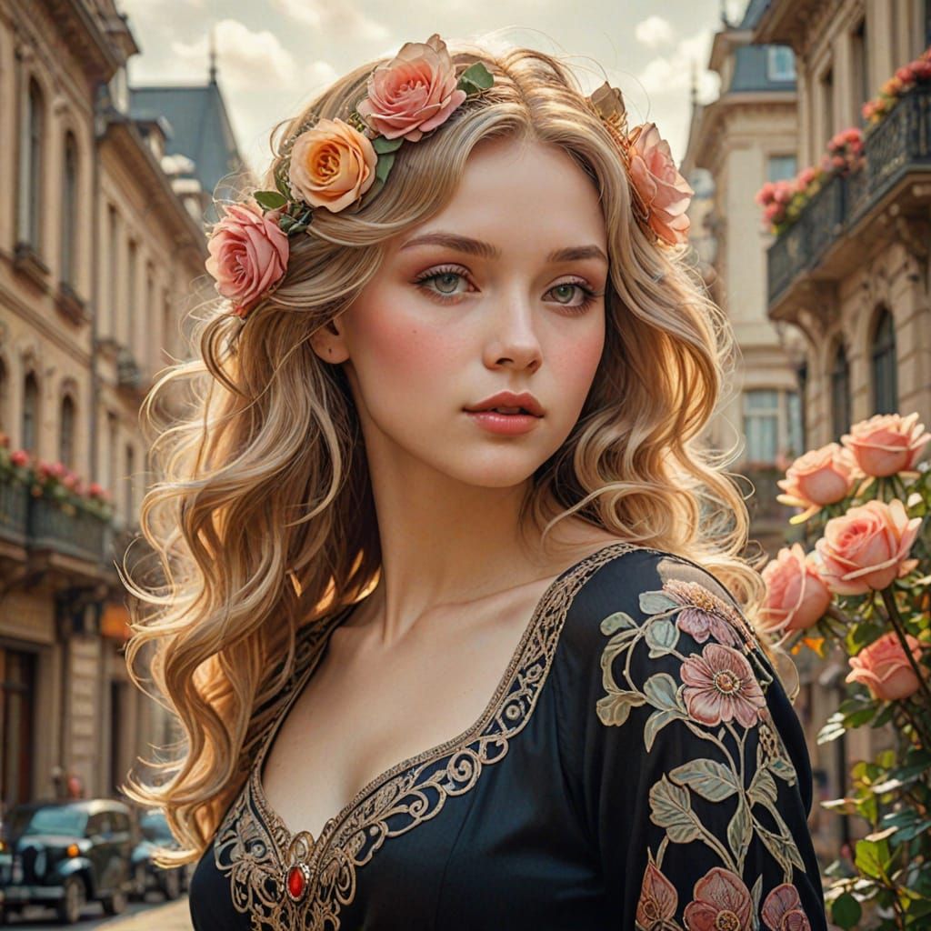 Art Nouveau Woman with Roses on Vintage Street