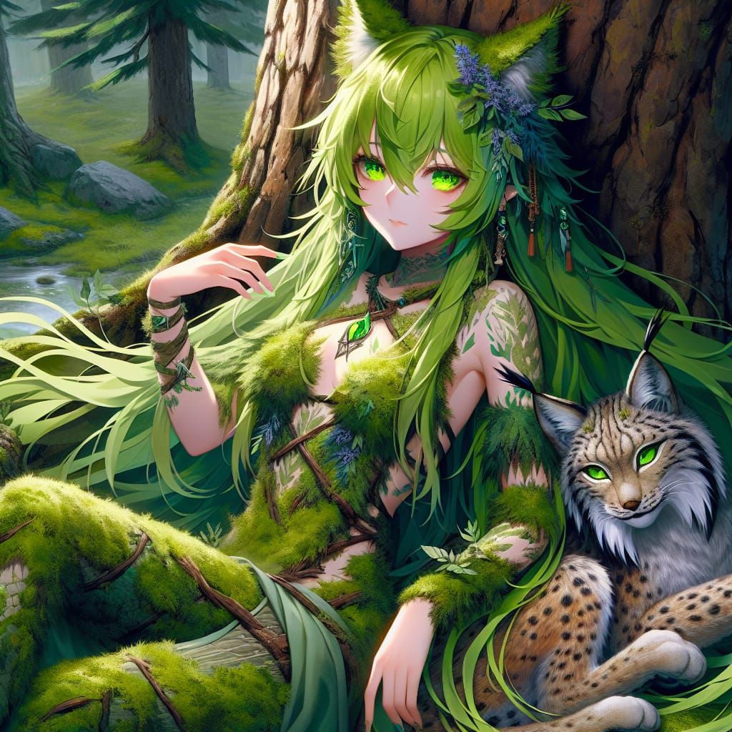 Anime Druid Girl with Lynx in Detailed Matte Painting