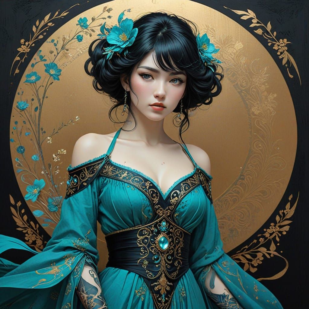 Ethereal Anime-Inspired Queen in Turquoise Robes with Intric...