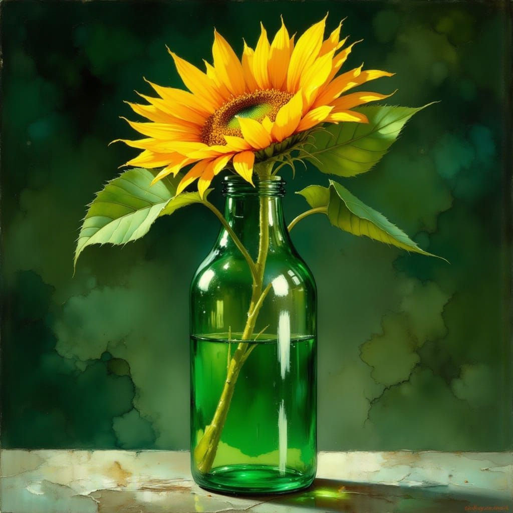 Sunflower Still Life in Green Glass Bottle