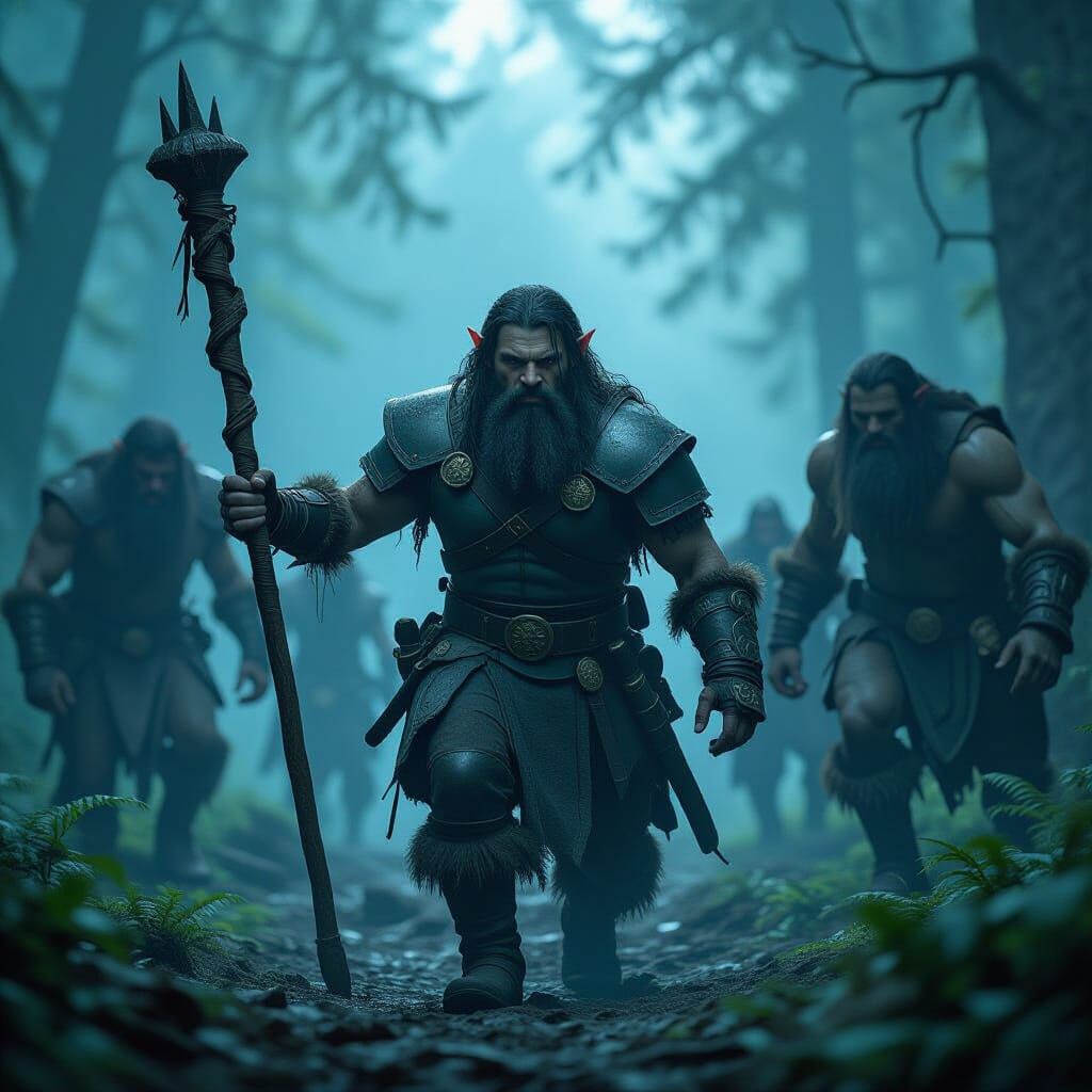 Adventurer Overrun by Trolls in Dark Fantasy Forest