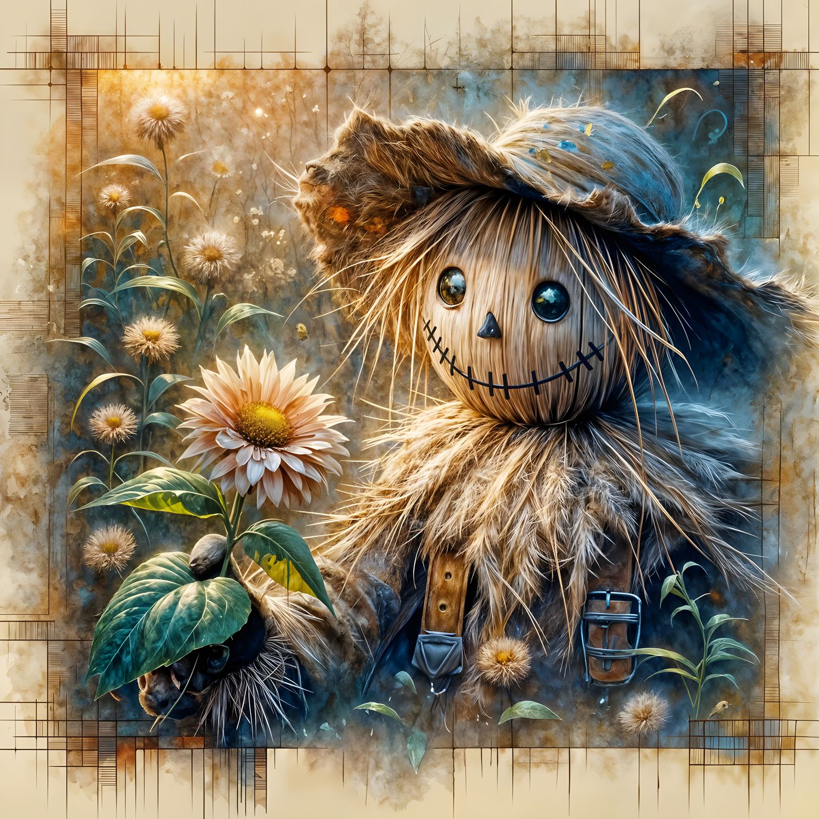 Lovable Fur Scarecrow Inhales Bloom Aroma, Impressionist Sty...