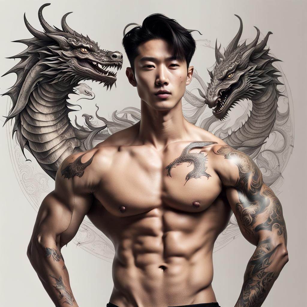 Korean Man with Dragon Tattoos and Toned Muscles
