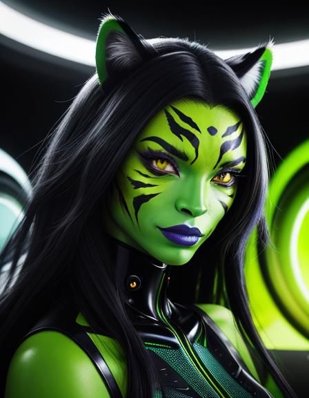 Retrofuturistic Alien Cat-Woman in Spaceship