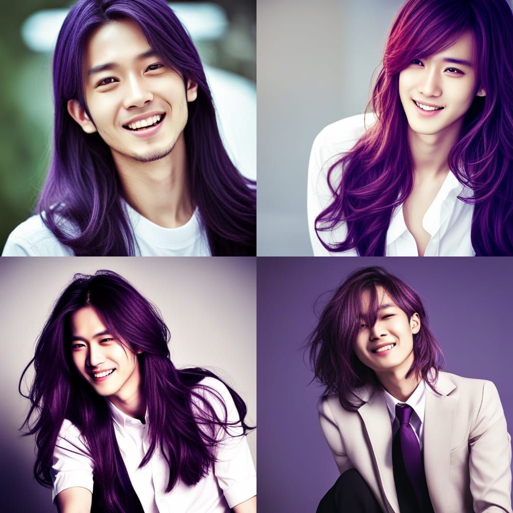 Handsome K-Pop Idol with Purple Hair, Hyperrealistic