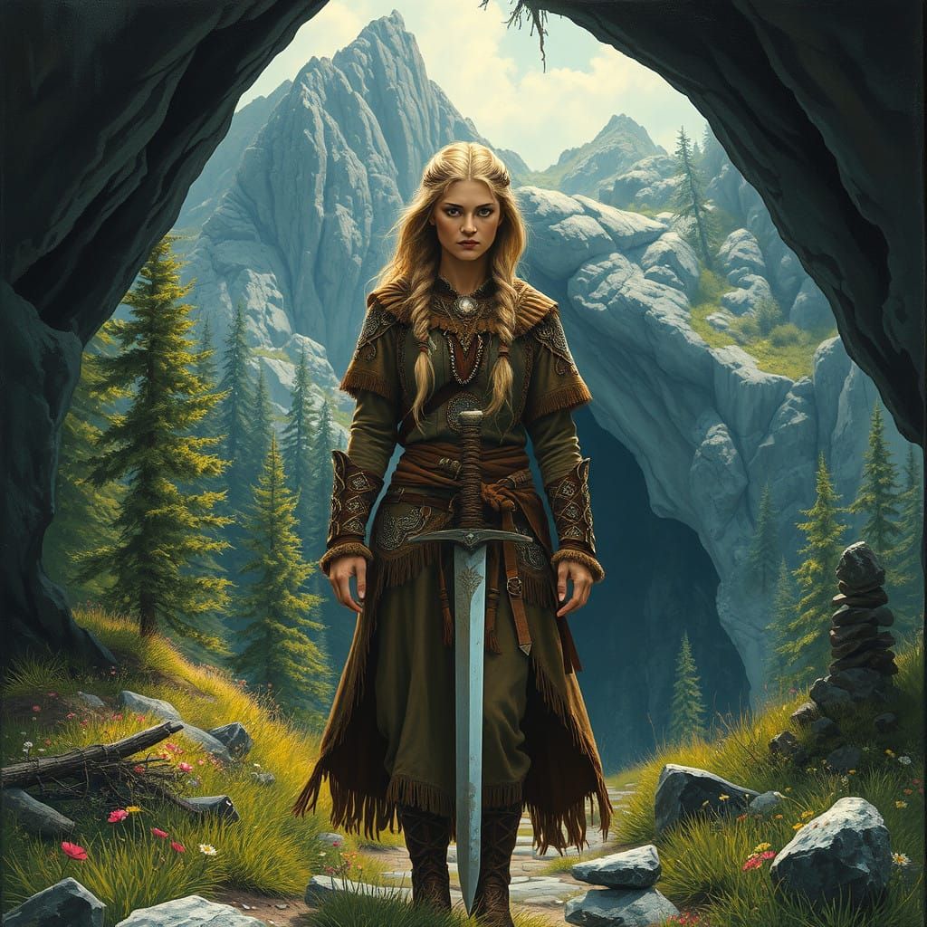 Ethereal Nordic Warrior in Mystical Cave
