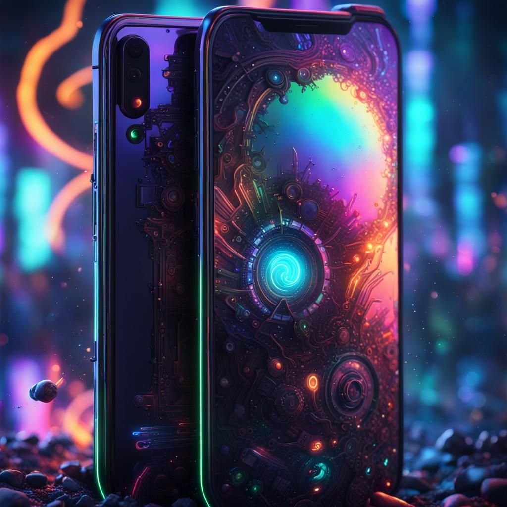 Phone Screen Digital Art with Neon Lights