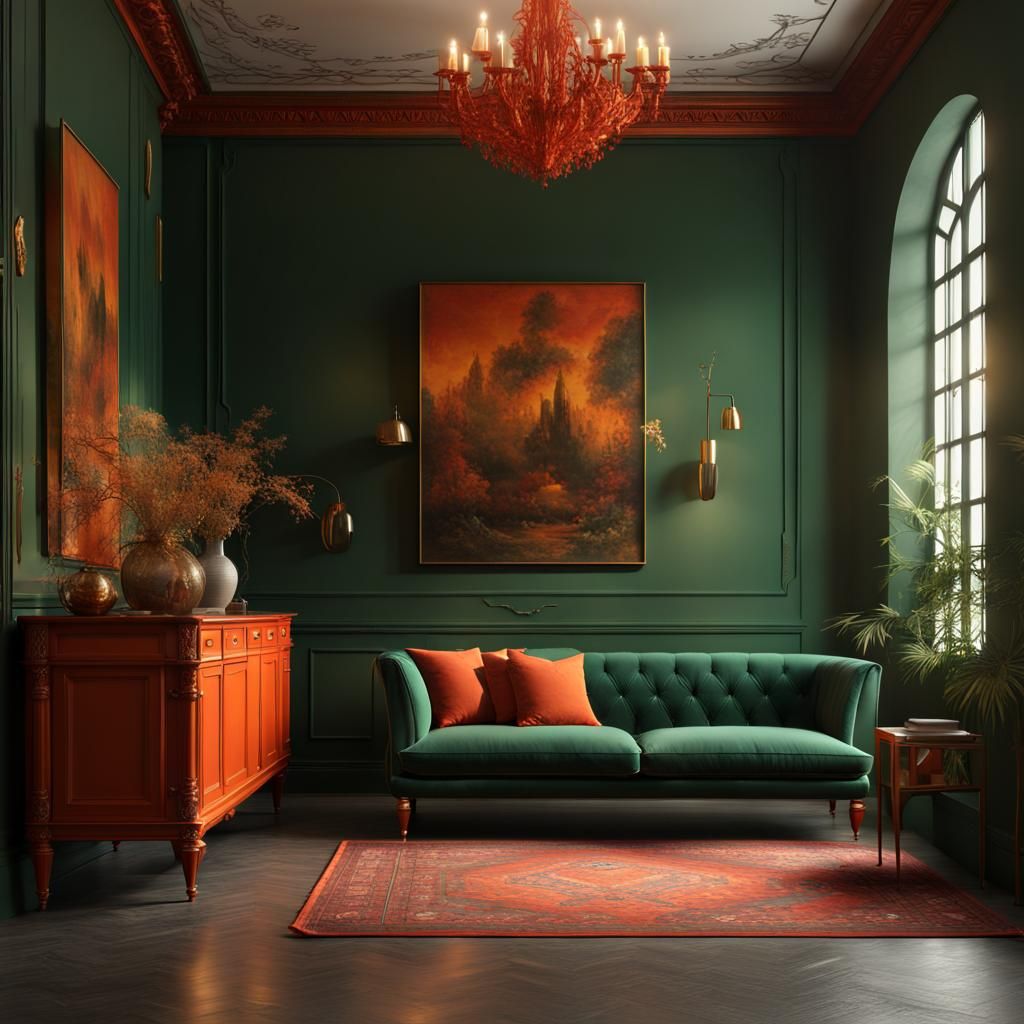 Hallway with Green Sofa and Orange Sideboard: Fantasy Art