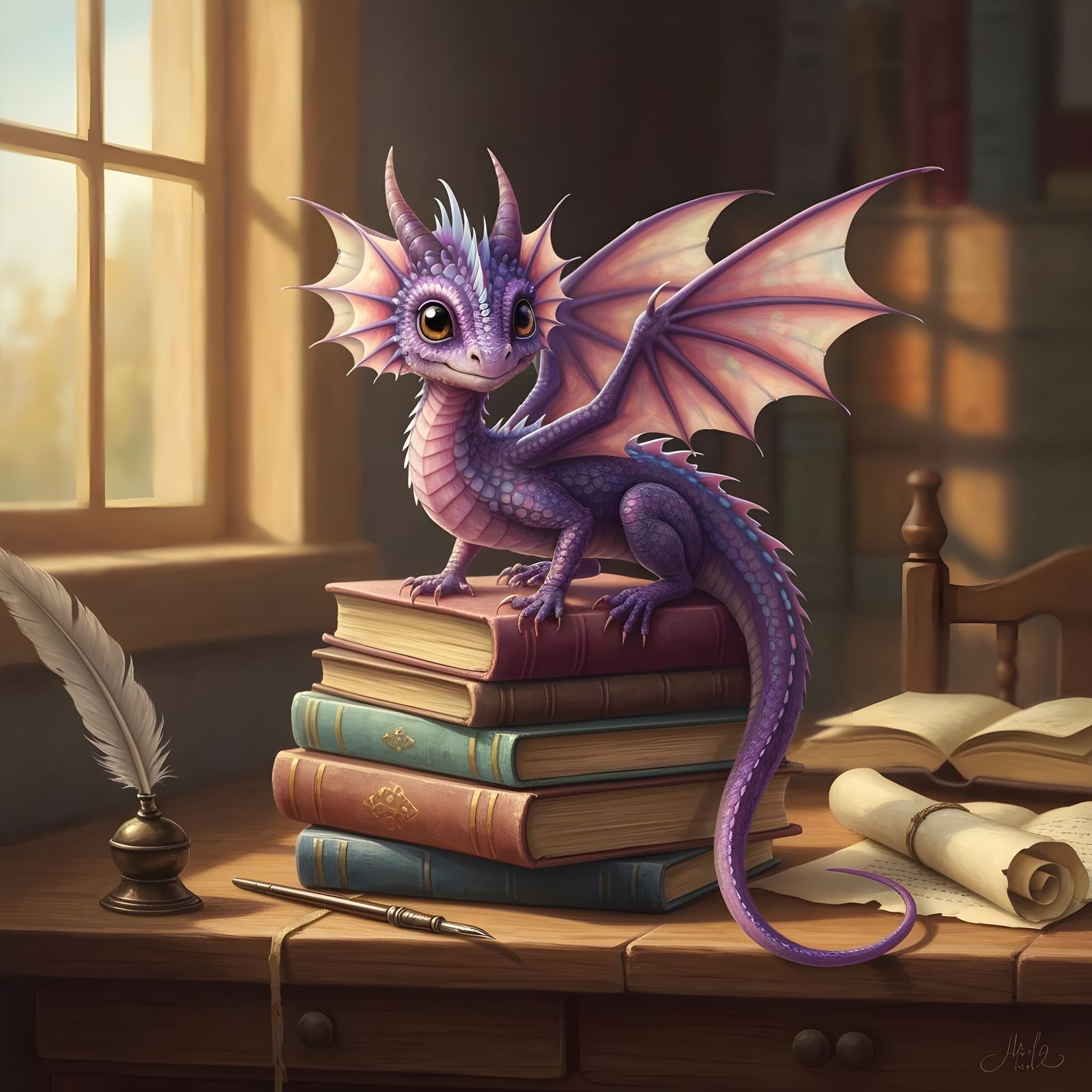 Dragon Perched on Books in Romantic Style