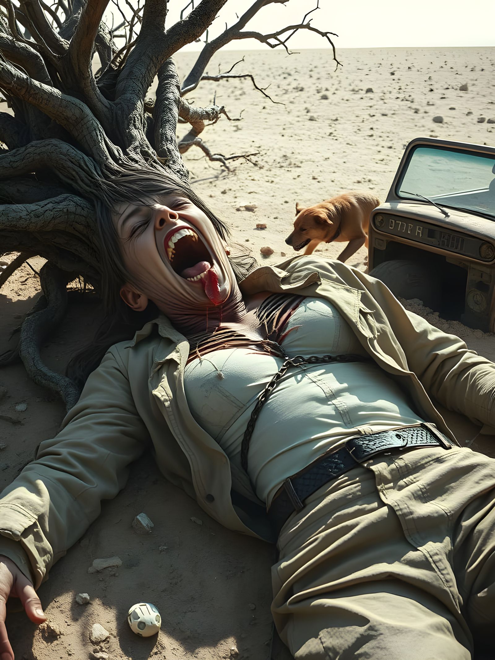 Screaming Zombie Woman with Tree Head in Desert