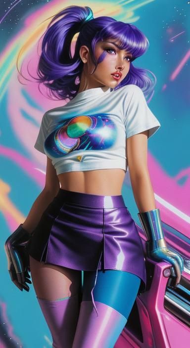 Cyberpunk Space Girl on Dragon in Chrome Landscape