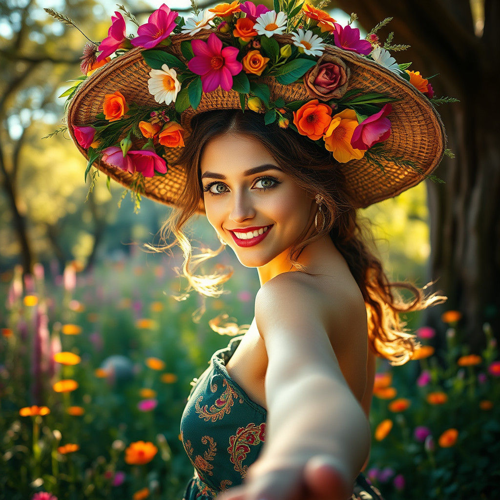 Woman with Floral Hat Dancing in Whimsical Nature