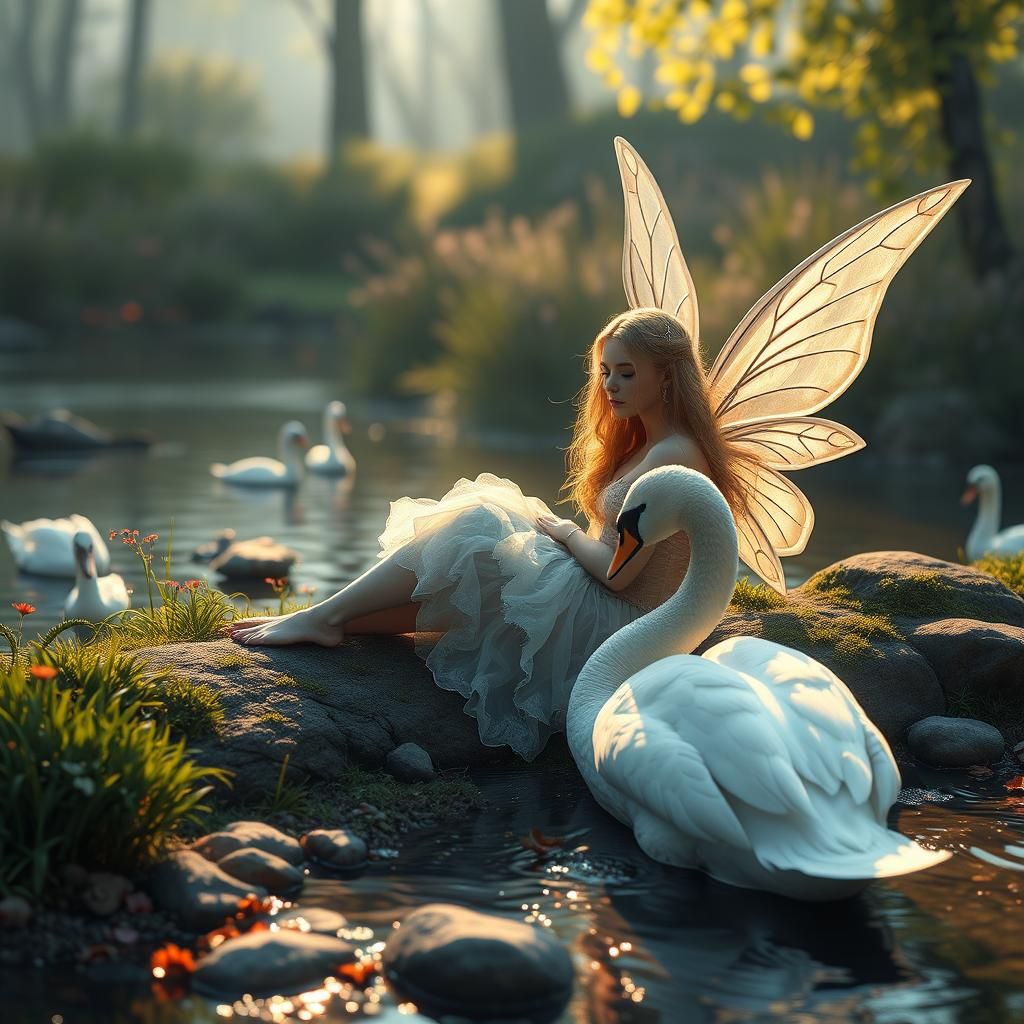 Airy Fairy with Swan in Detailed Matte Painting
