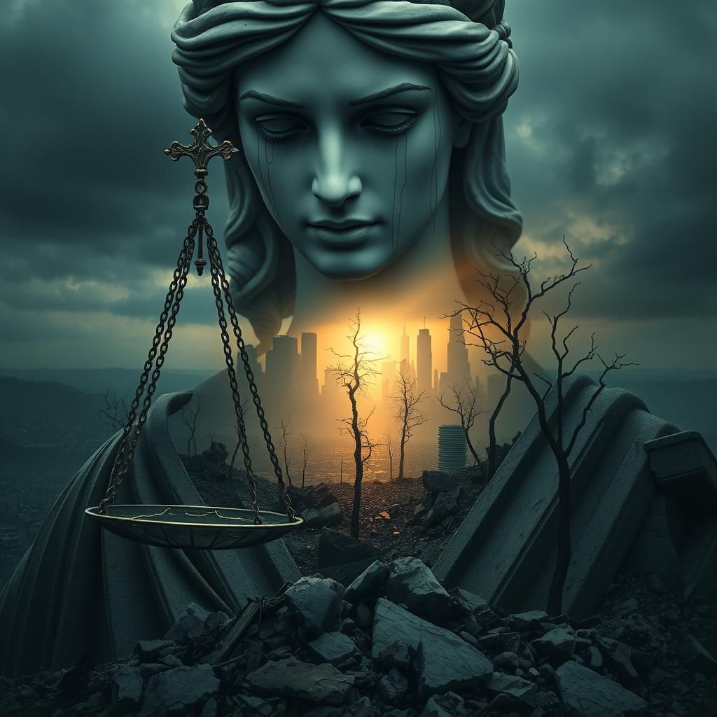 a hyperrealistic double exposure portrait of lady justice  c...