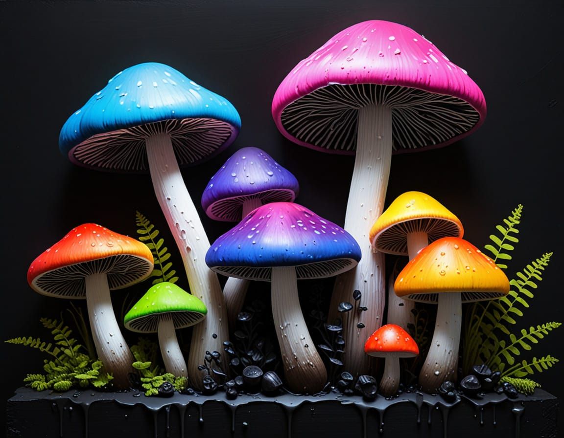 Grunge Style Bundle of Mushrooms in Neon Accents
