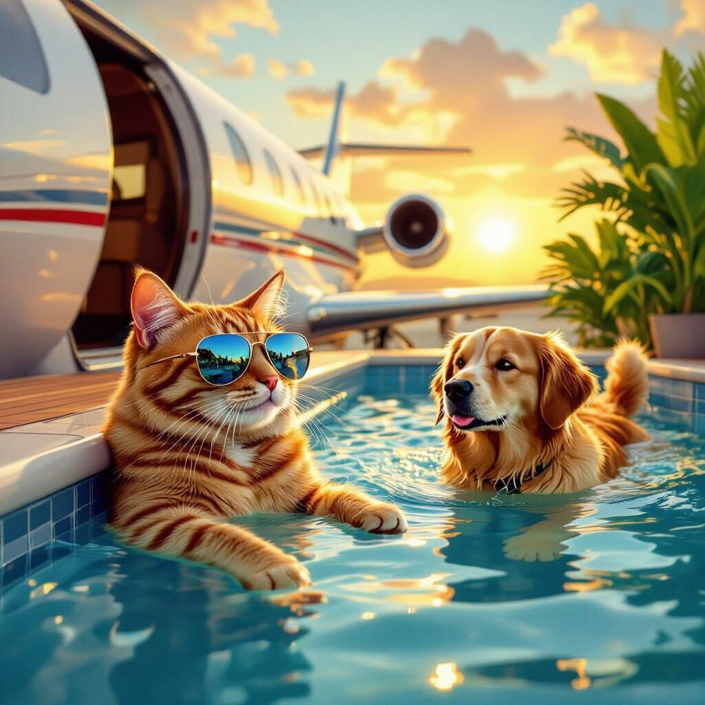 Cat in Sunglasses Pool Party on Private Jet
