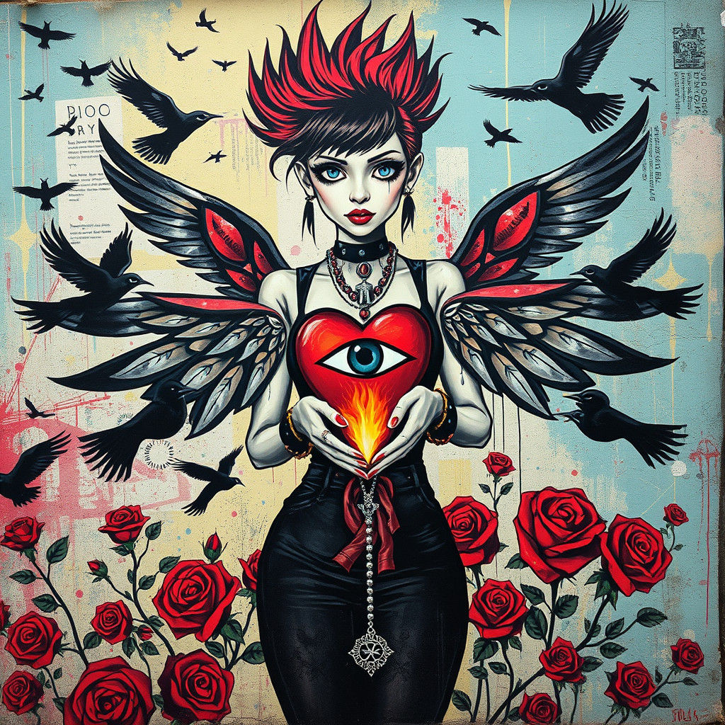 Goth Punk Graffiti Mural with Flaming Heart