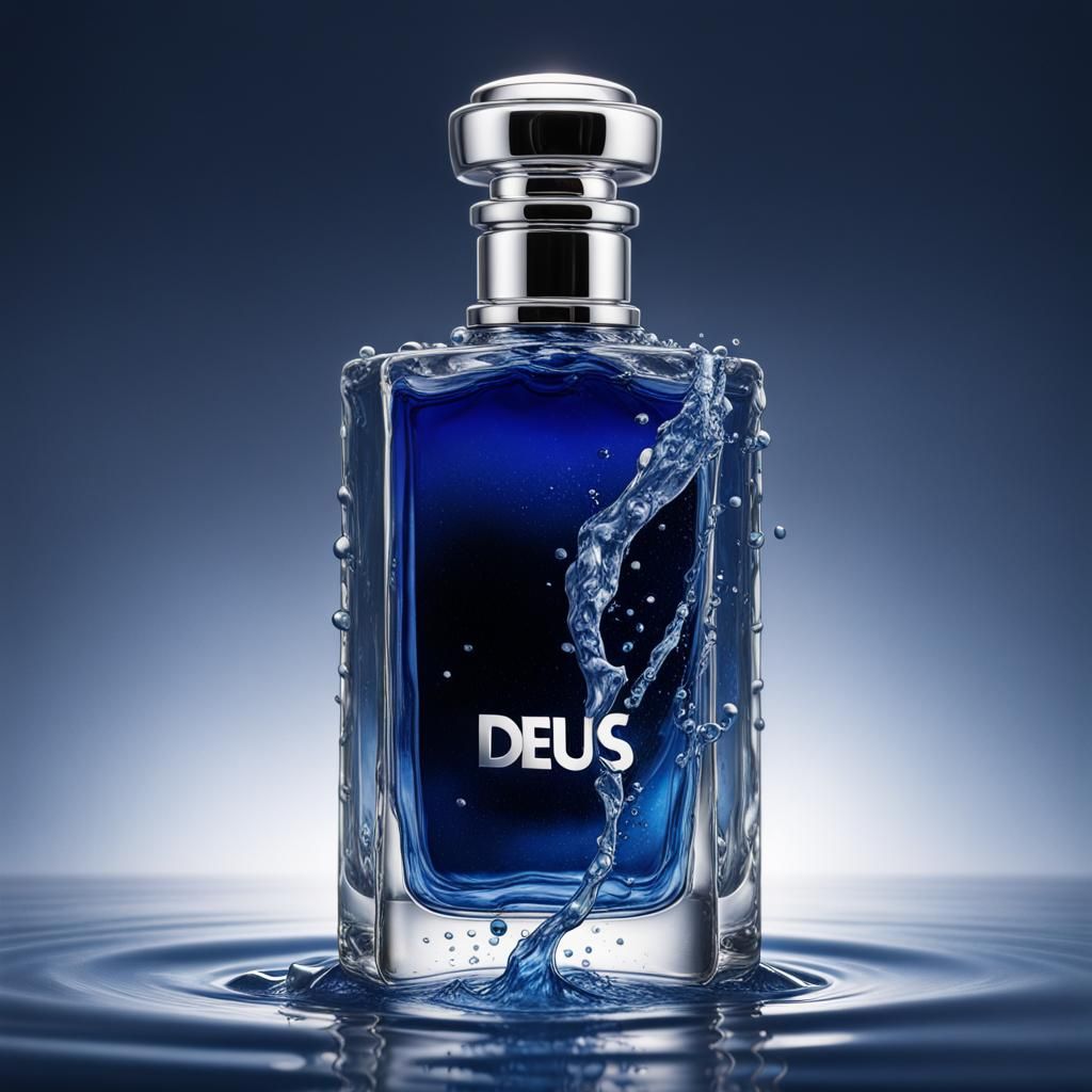 Cologne Bottle with Sapphire Contents on Water Splash