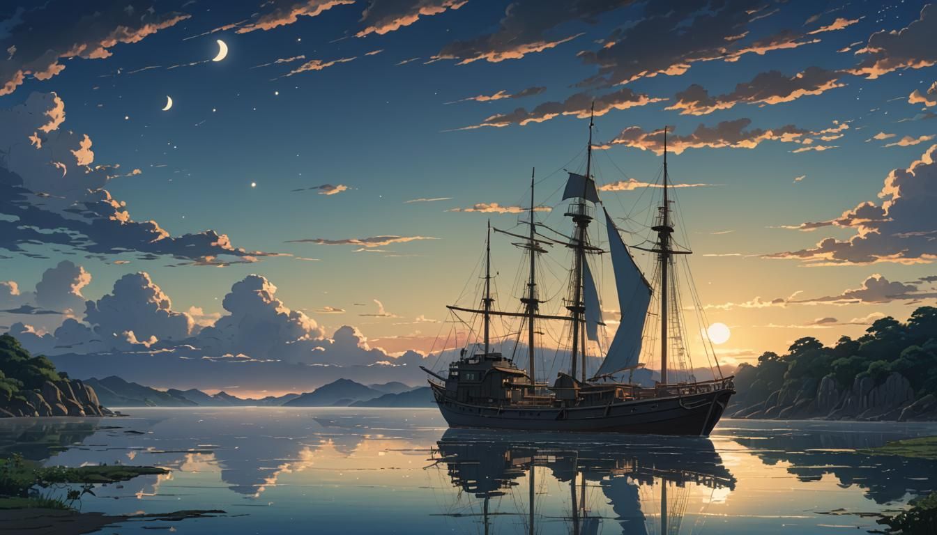 Sailboat at Night: Studio Ghibli Anime Visual