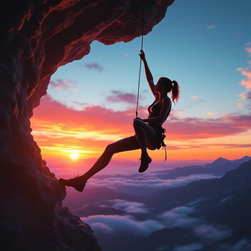 Climber's Silhouette Against a Sunset Landscape