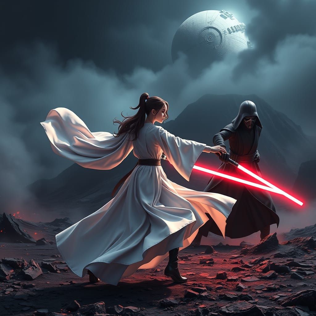 Jedi vs. Kylo Ren on Volcano Planet in Anime Style