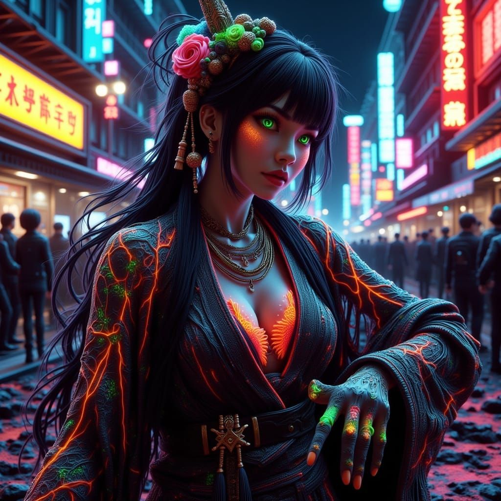Cyberpunk Geisha with Neon Tattoos in Anime Style