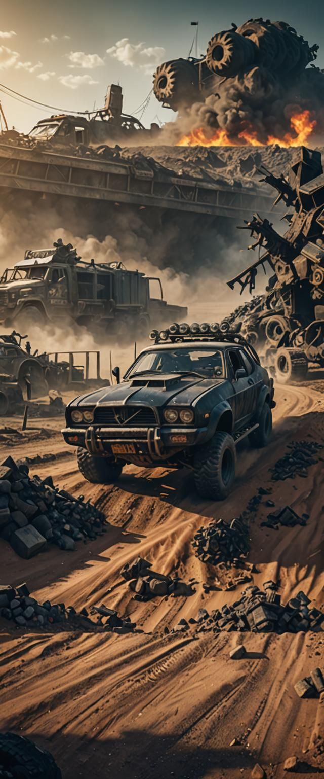 Black Mad Max Car with Bullbar in Matte Painting Style