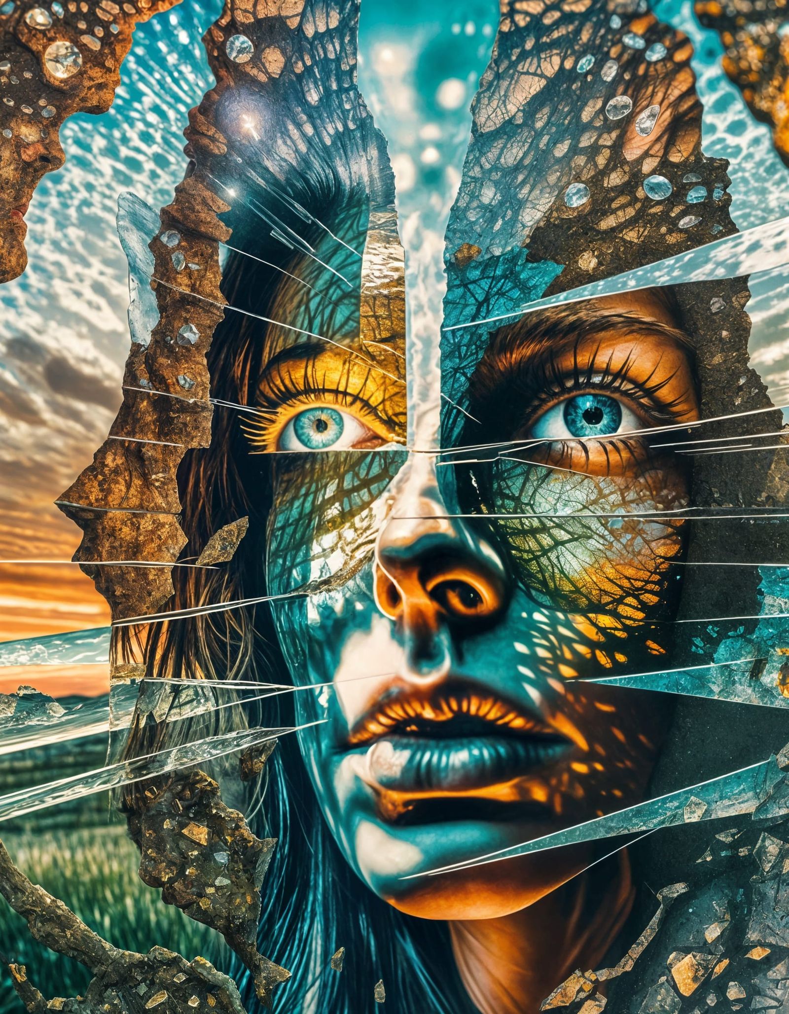 Surreal Double Exposure Portrait in Shattered Glass