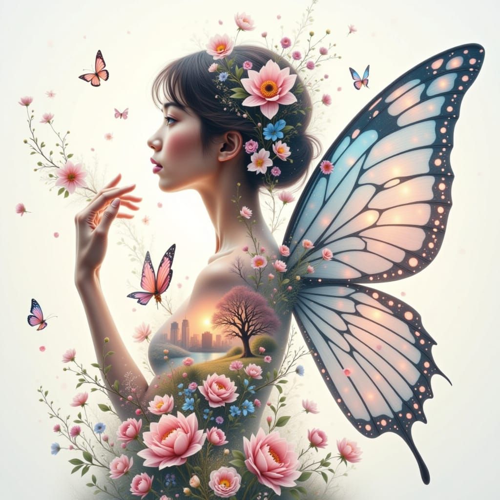 Ethereal Fairy Among Spring Flowers in Double Exposure Style