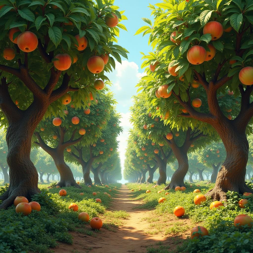 Lush Orchard with Fruit Trees in Matte Painting Style