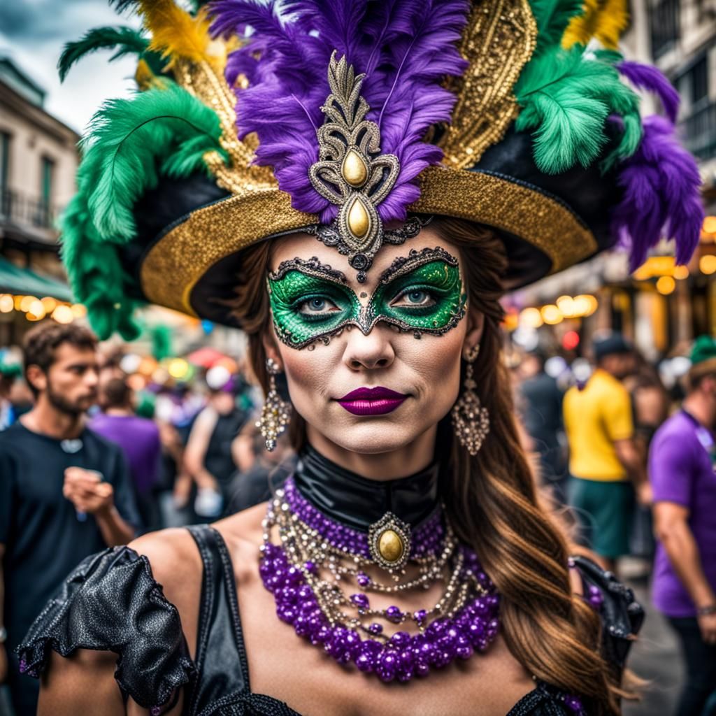 Woman's Elaborate Mardi Gras Costume, Hyperrealistic Style