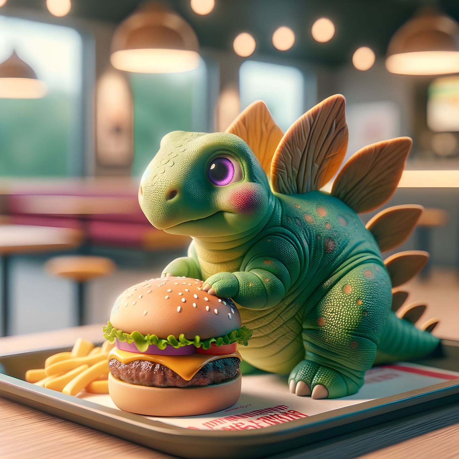 Stegosaurus Delights in Whimsical Fast Food Scene