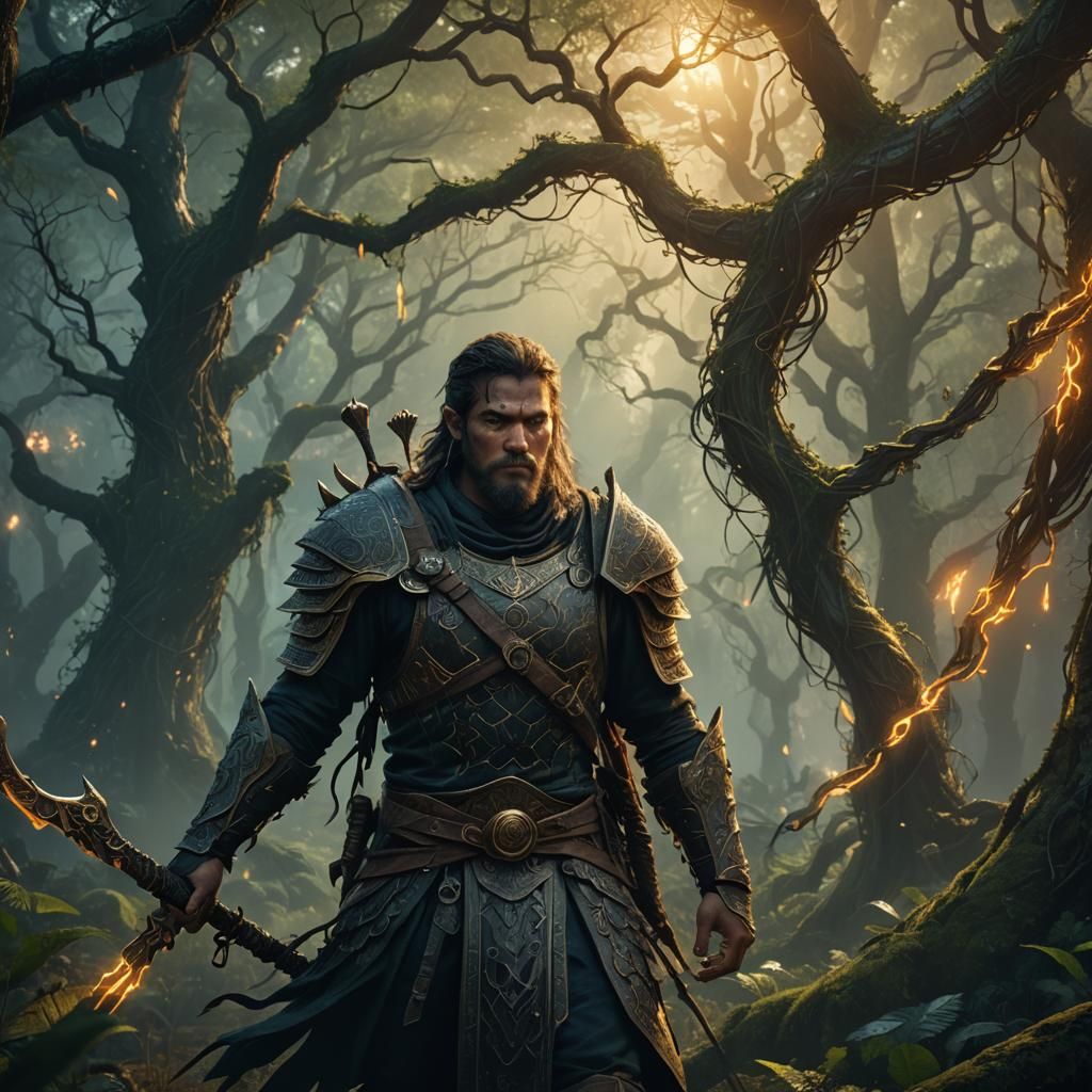 Mystical Warrior in Ancient Forest Concept Art