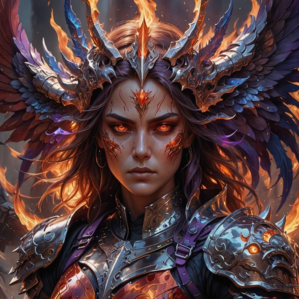 Chrome Warrior Surrounded by Death Angels in Fiery Art